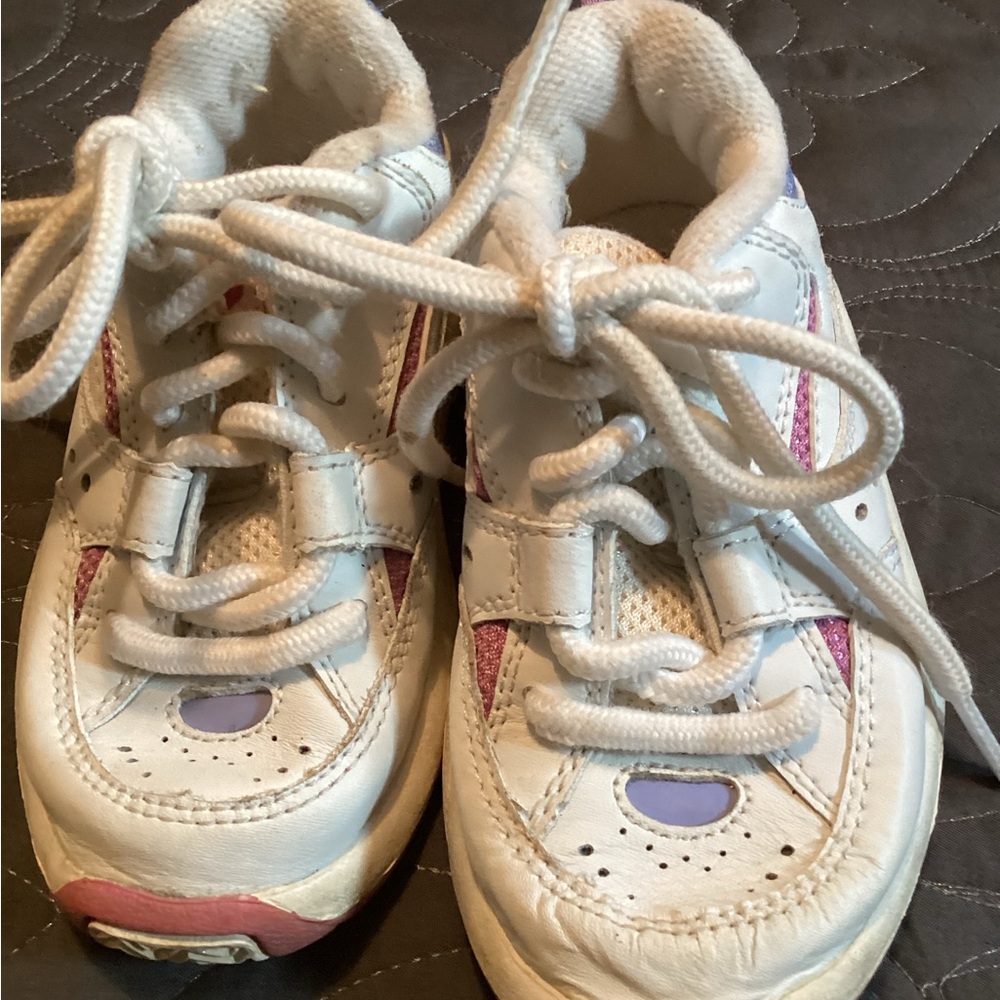 Stride Rite girls white leather with blue and purple sneakers, size 8.5 W